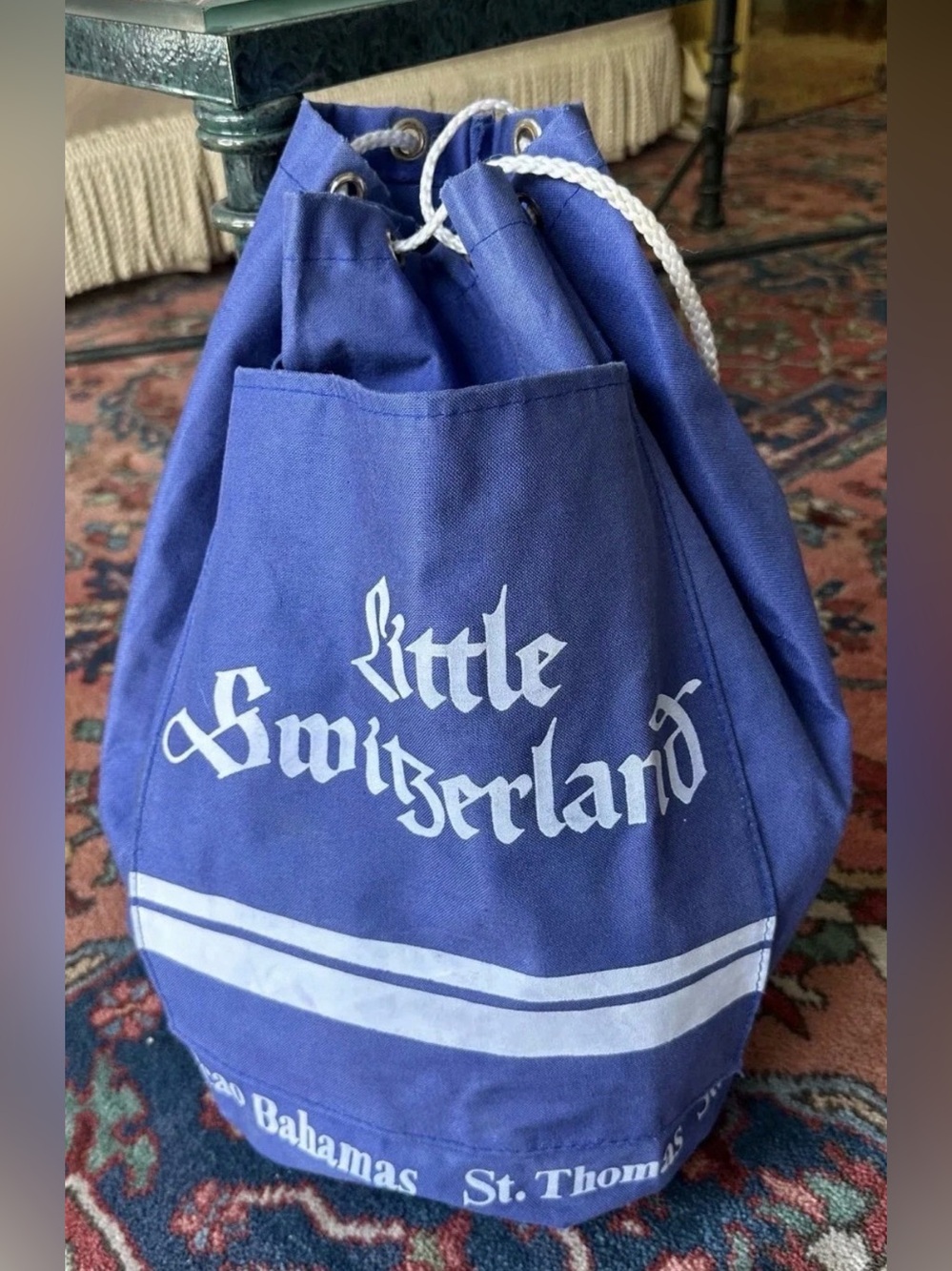 Vintage 1960s  Bahamian Drawstring Canvas Bag - Blue